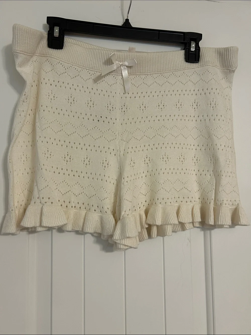 Cream Knit Ruffle-Hem Pajama Shorts